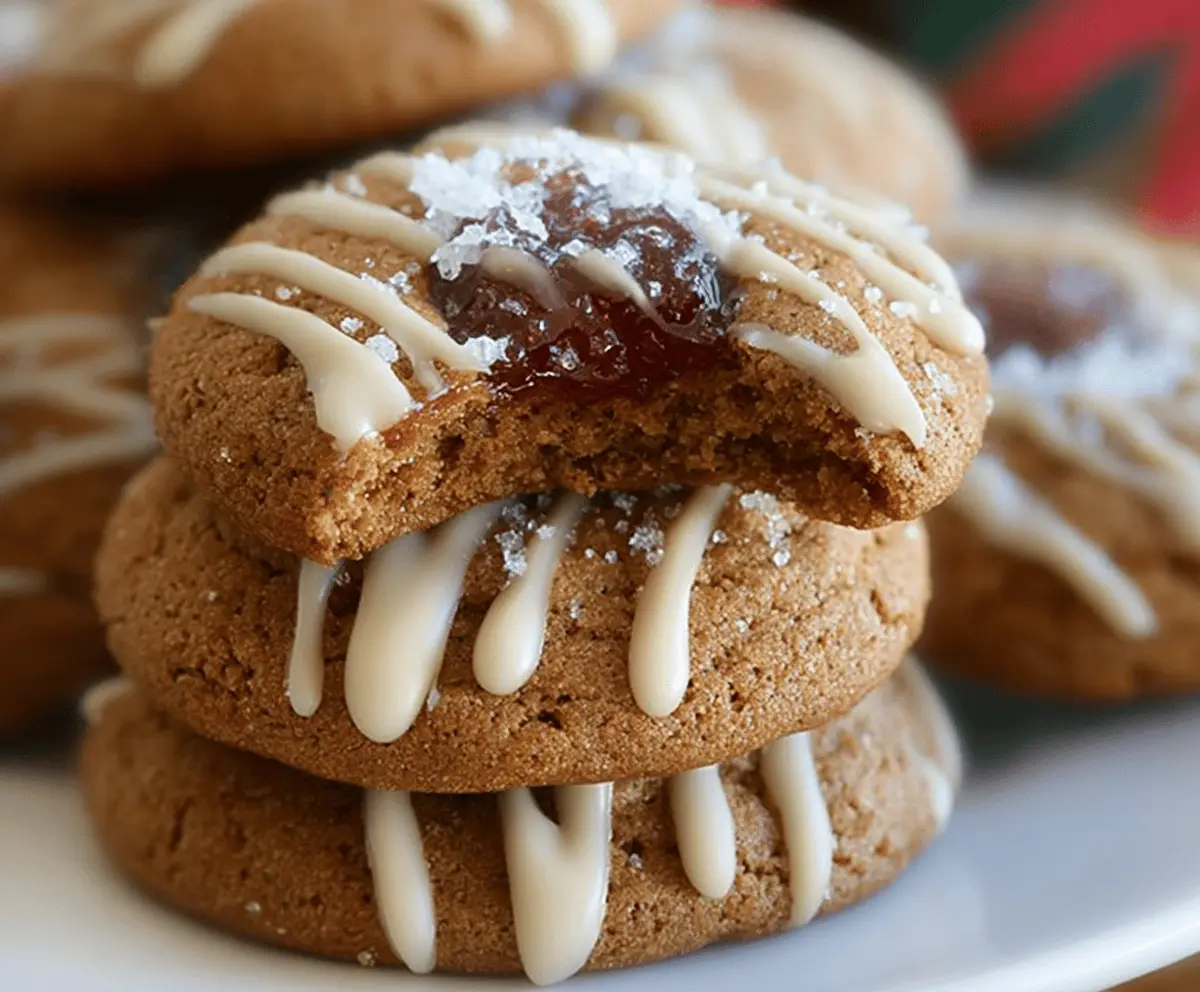 Delicious homemade gingerbread thumbprint cookies with a sweet jelly filling on a festive platter