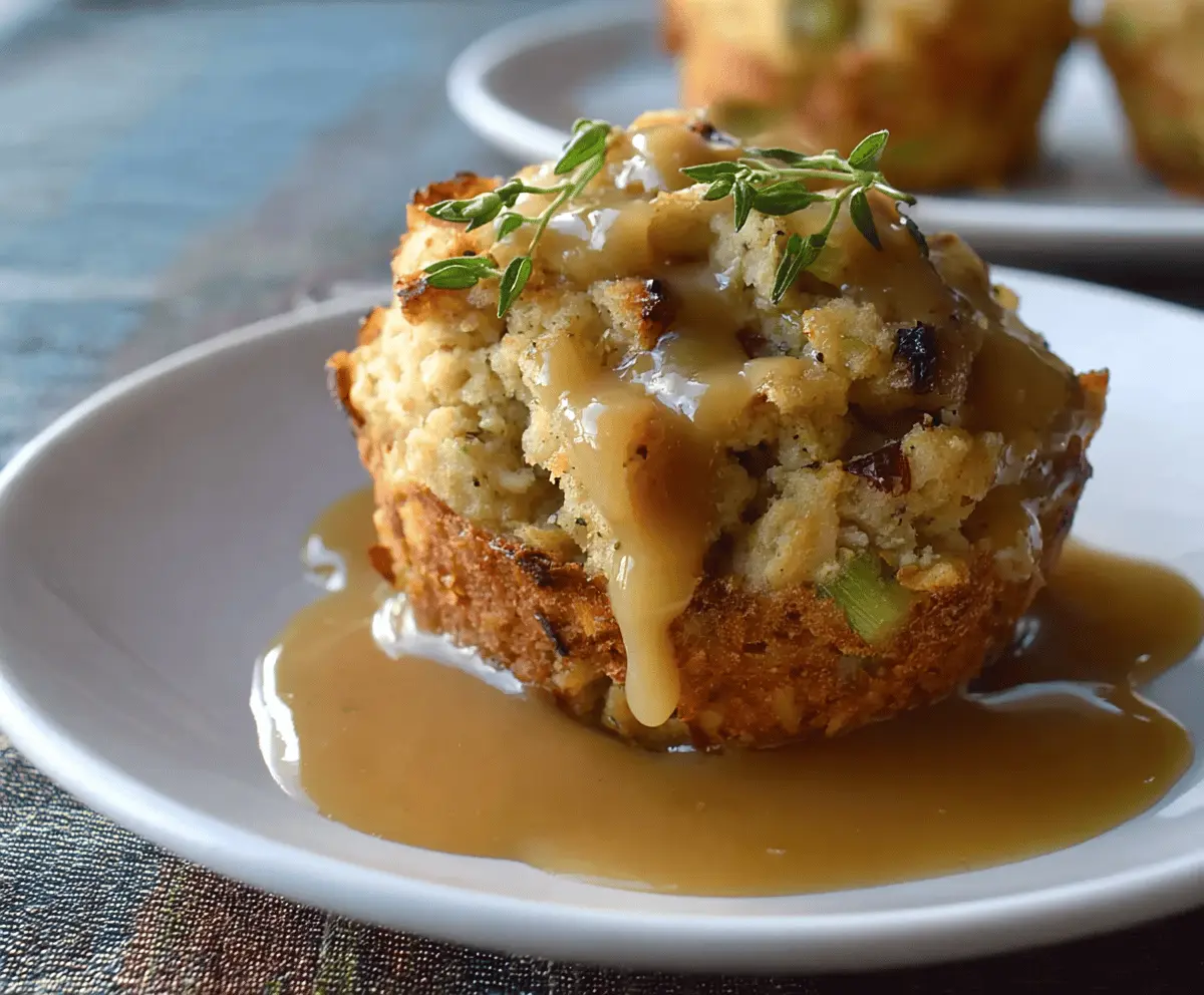 Delicious gravy-stuffed stuffing muffins served on a plate, perfect for holiday dinners.