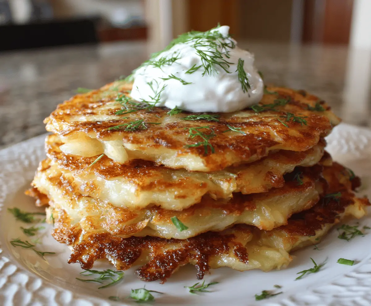 Delicious homemade instant potato pancakes served on a plate with herbs and sour cream.
