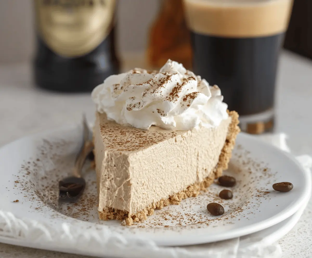 Delicious Irish Coffee Pie topped with whipped cream and cocoa powder, perfect for dessert or special occasions