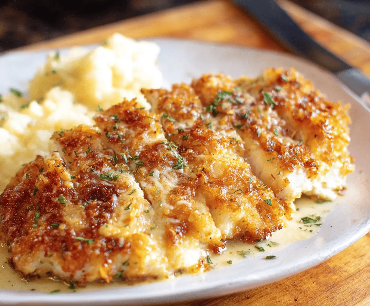 Savory Parmesan Chicken dish from Longhorn Steakhouse served with fresh herbs.