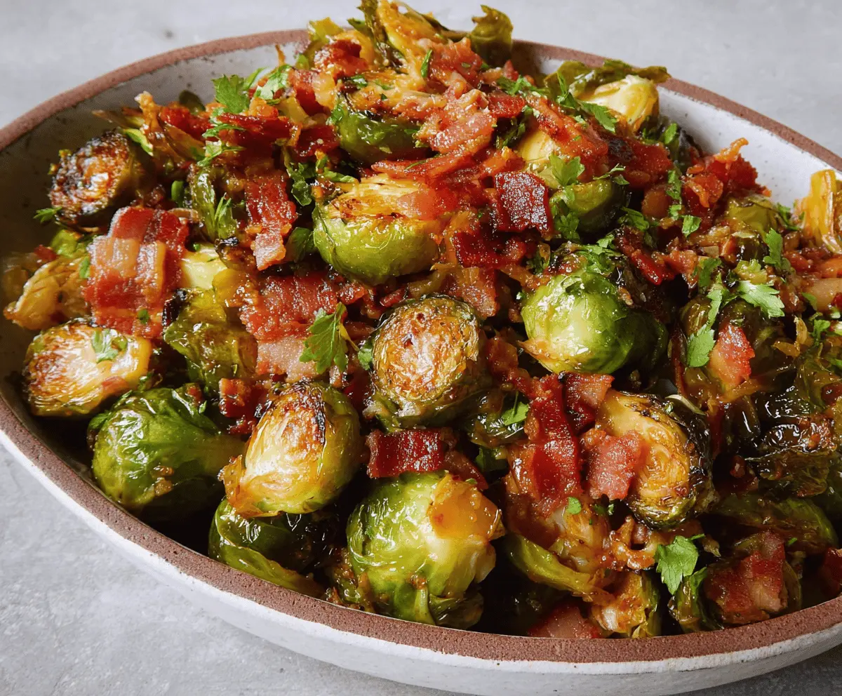 Delicious Maple Bacon Brussels Sprouts roasted to perfection with crispy bacon and sweet maple glaze.