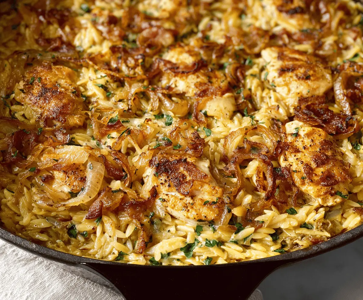 Delicious Monterey Chicken One-Pan Orzo served on a skillet with vibrant vegetables.