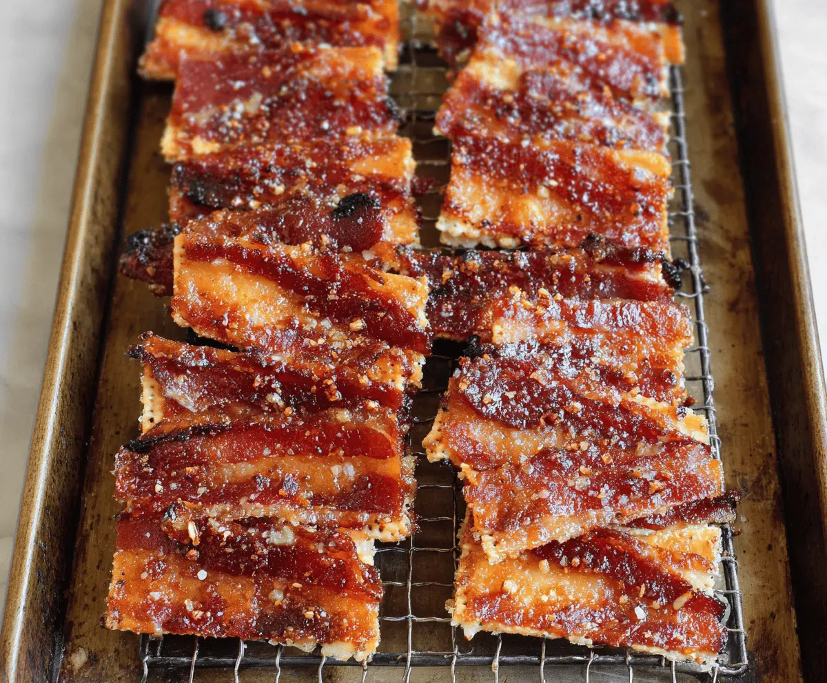 Savory Parmesan Candied Bacon Crackers with crispy bacon topping and cheese for a delicious snack.