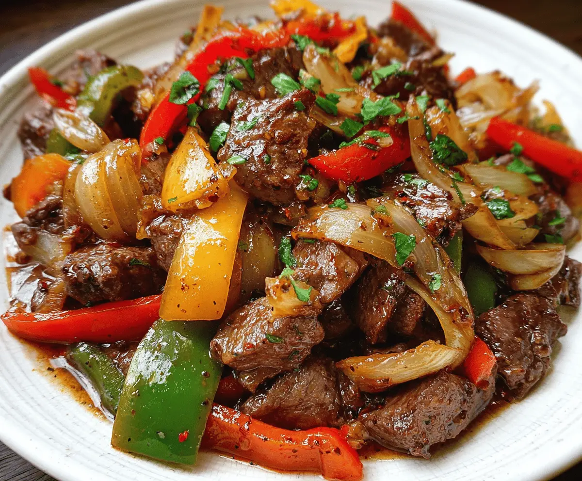 Delicious Pepper Steak with Bell Peppers and Onion on a plate, showcasing colorful fresh ingredients.