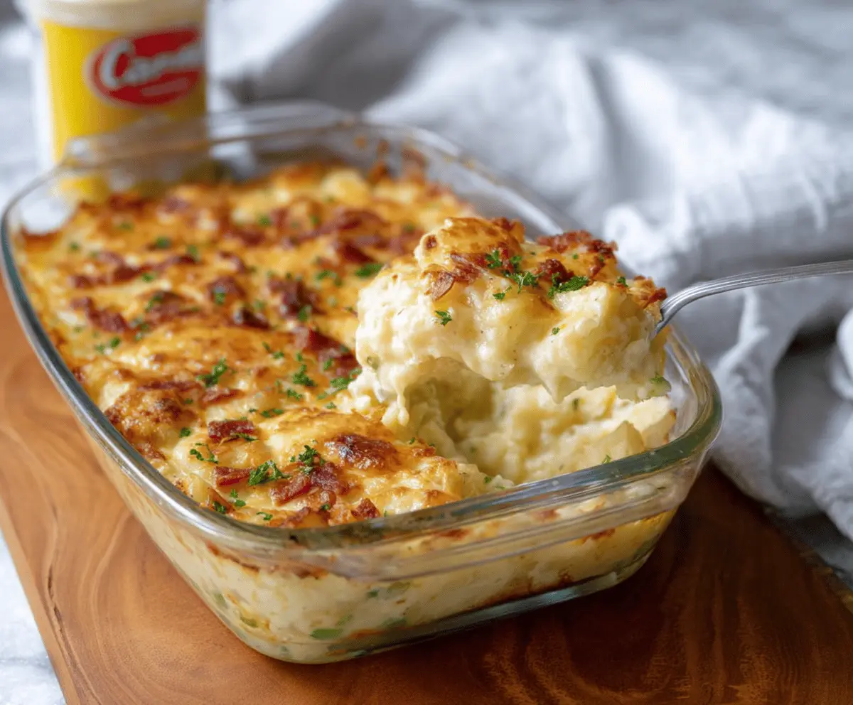 Delicious potato casserole topped with melted cheese and crispy herbs, perfect for family dinner.