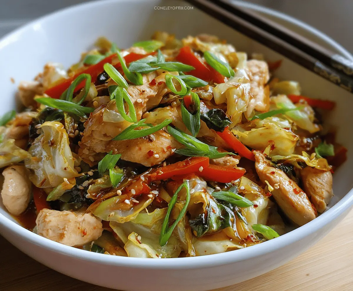 Delicious quick chicken and cabbage stir-fry served in a bowl, perfect for a healthy dinner.