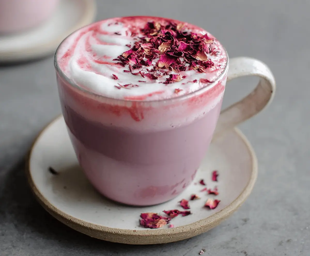 Refreshing Raspberry Hibiscus Latte in a clear glass with fresh raspberries and hibiscus flowers, perfect for summer drinks.