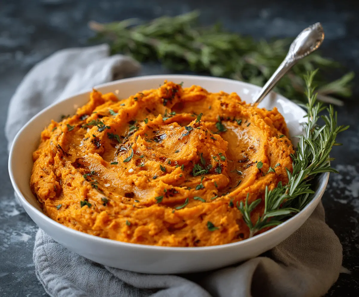 Roasted Garlic Mashed Sweet Potatoes for a Thanksgiving side dish