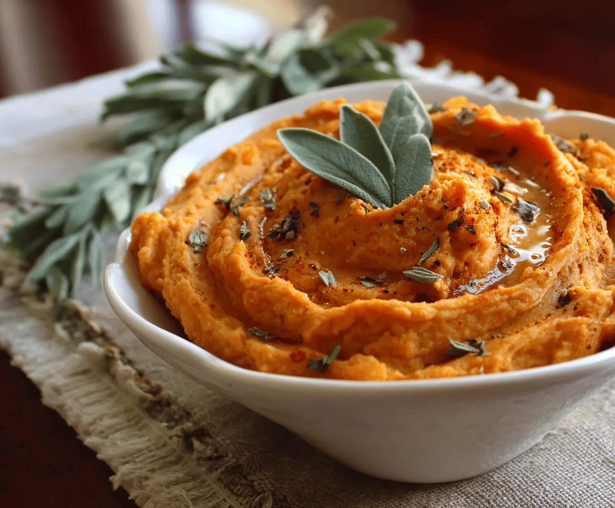 Creamy roasted garlic mashed sweet potatoes served as a flavorful Thanksgiving side dish.
