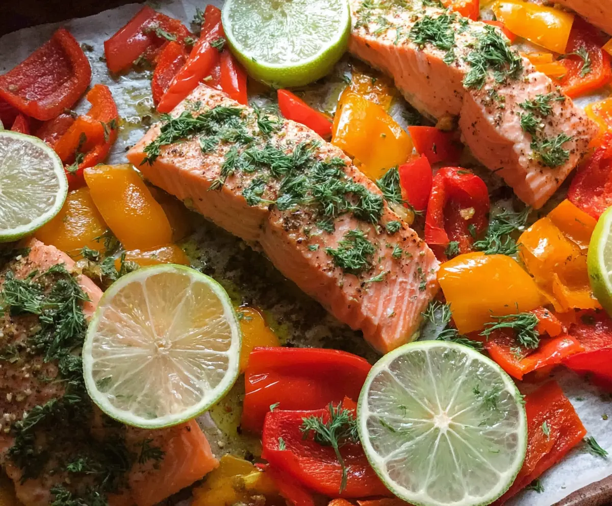 Delicious sheet pan salmon with colorful bell peppers and fresh herbs.
