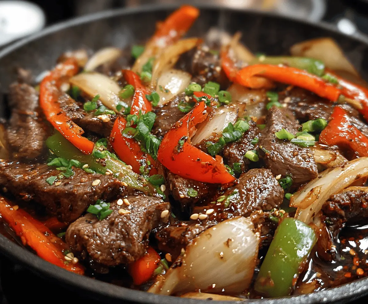 Delicious sizzling Chinese Pepper Steak with onions served on a plate