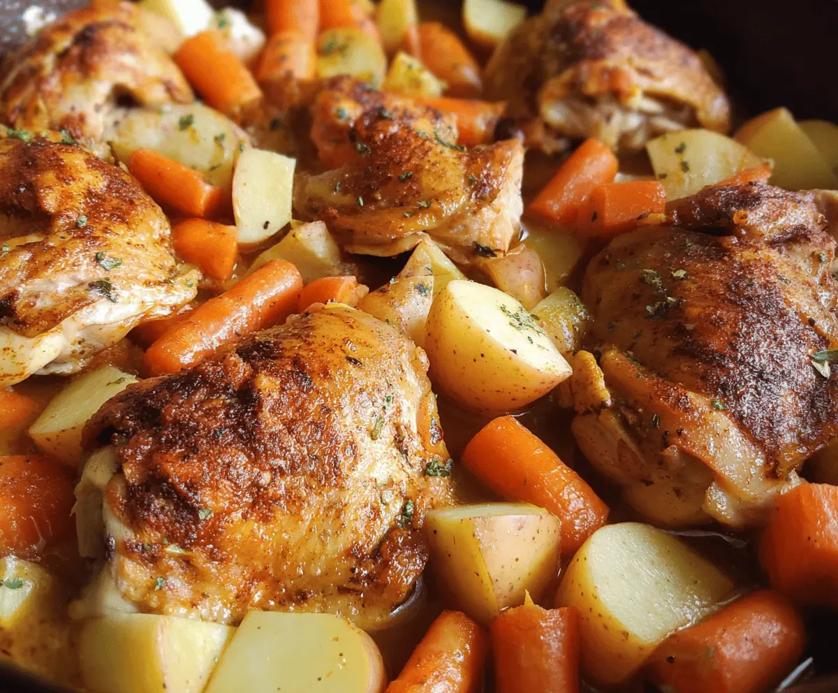 Delicious skillet chicken thighs with fresh carrots and roasted potatoes, perfect for a hearty meal.