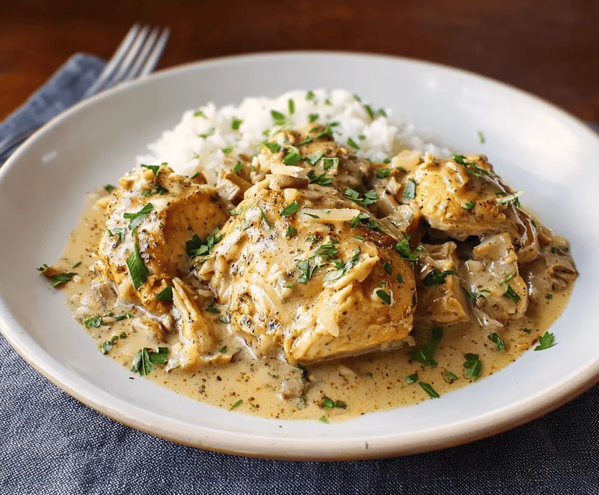 Delicious slow cooker chicken with rich gravy served on a plate
