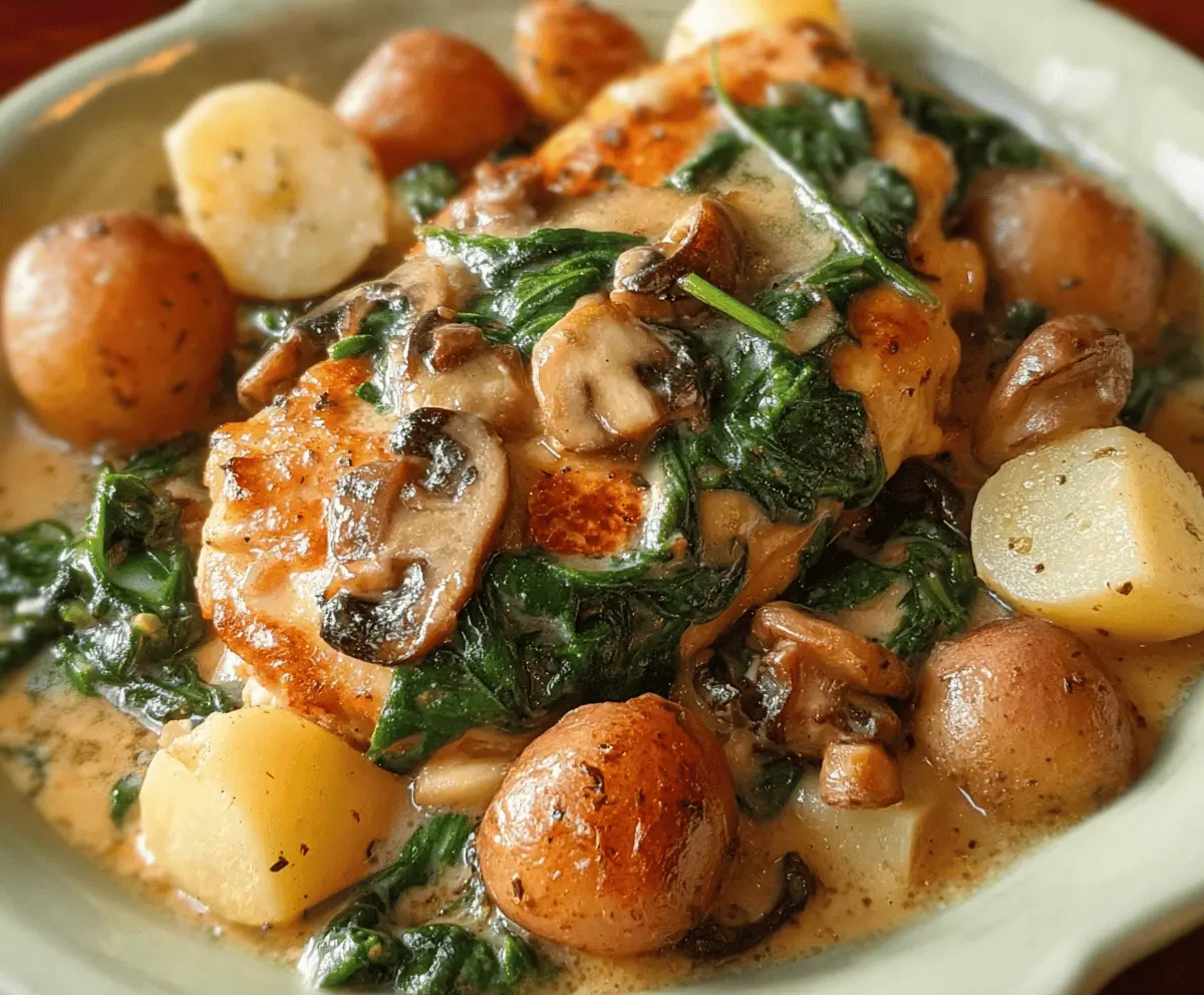 Delicious smothered chicken topped with fresh spinach, served with roasted potatoes and sautéed mushrooms.
