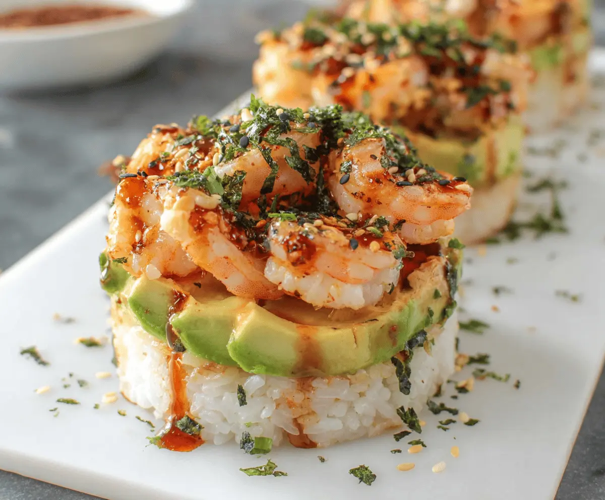 Delicious spicy shrimp sushi stacks with fresh ingredients and vibrant presentation.
