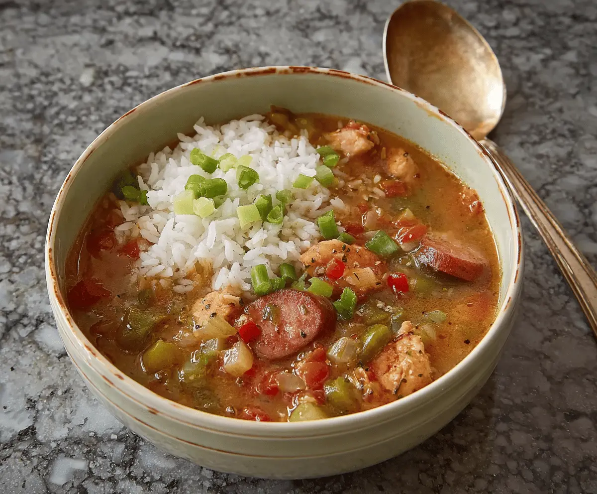 Delicious spicy turkey gumbo in a bowl with fresh herbs and vegetables
