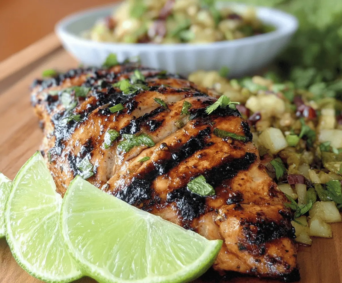 Juicy grilled chicken breasts topped with fresh garlic, lime juice, and herbs for a flavorful Tangy Garlic Lime Chicken recipe.