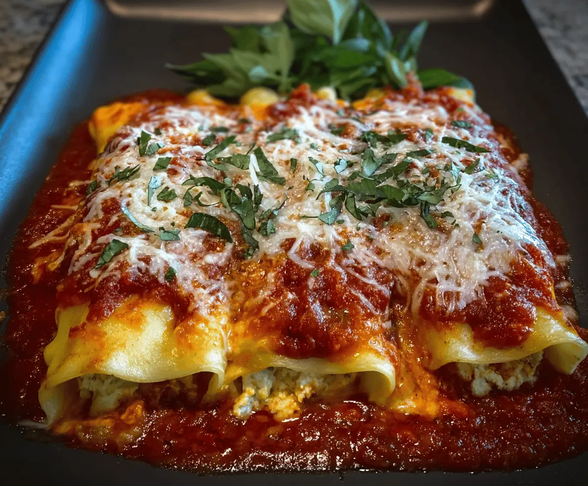 Delicious turkey manicotti baked with melted cheese and fresh herbs on a white plate.