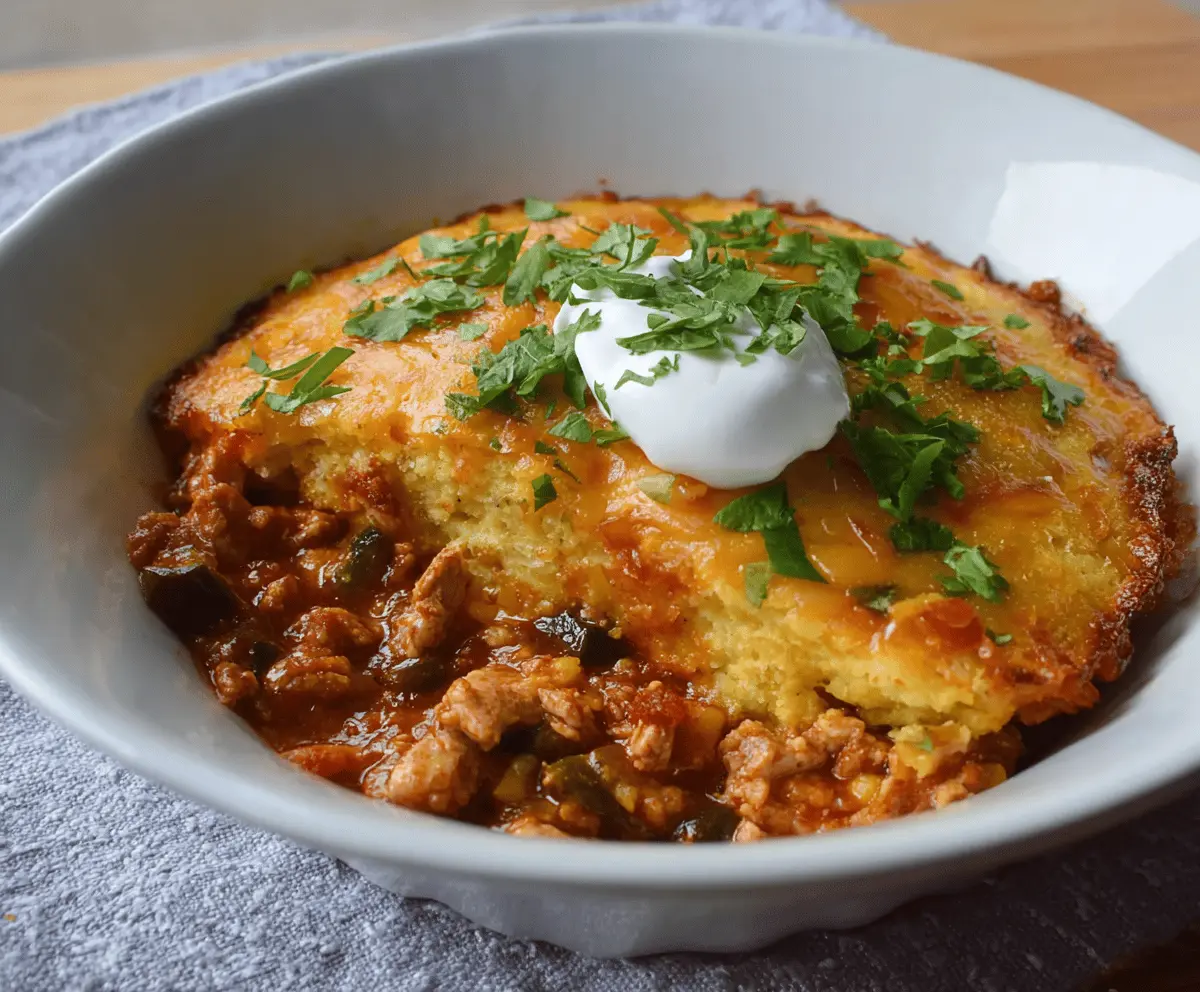 Delicious Turkey Tamale Pie topped with melted cheese and savory spices, served on a rustic plate.