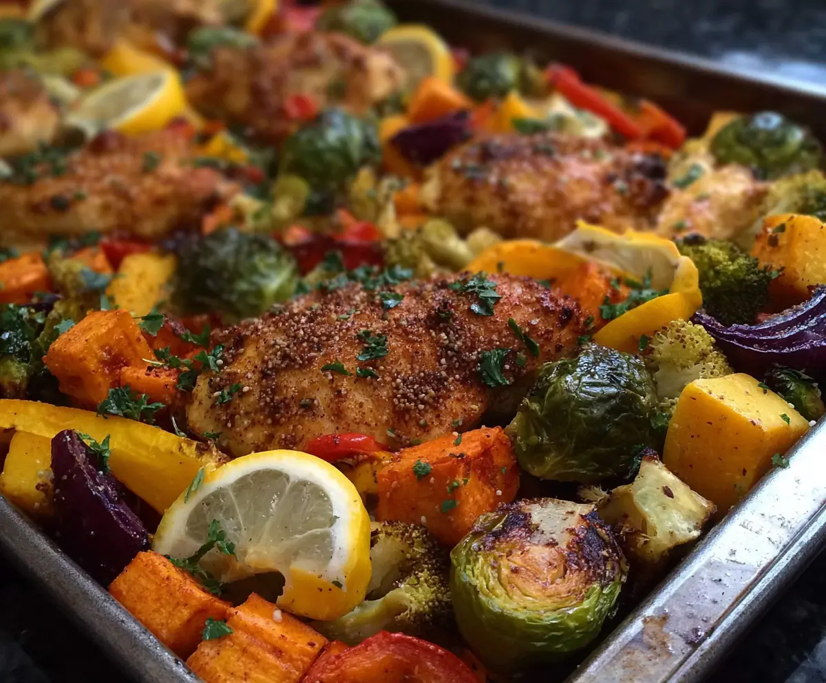 Colorful autumn rainbow sheet pan dinner with roasted vegetables and herbs on a baking sheet.
