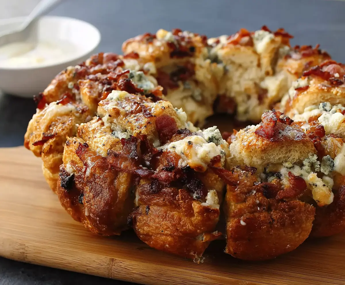 Delicious Bacon Gorgonzola Pull Aparts with crispy bacon and creamy cheese on a wooden platter.