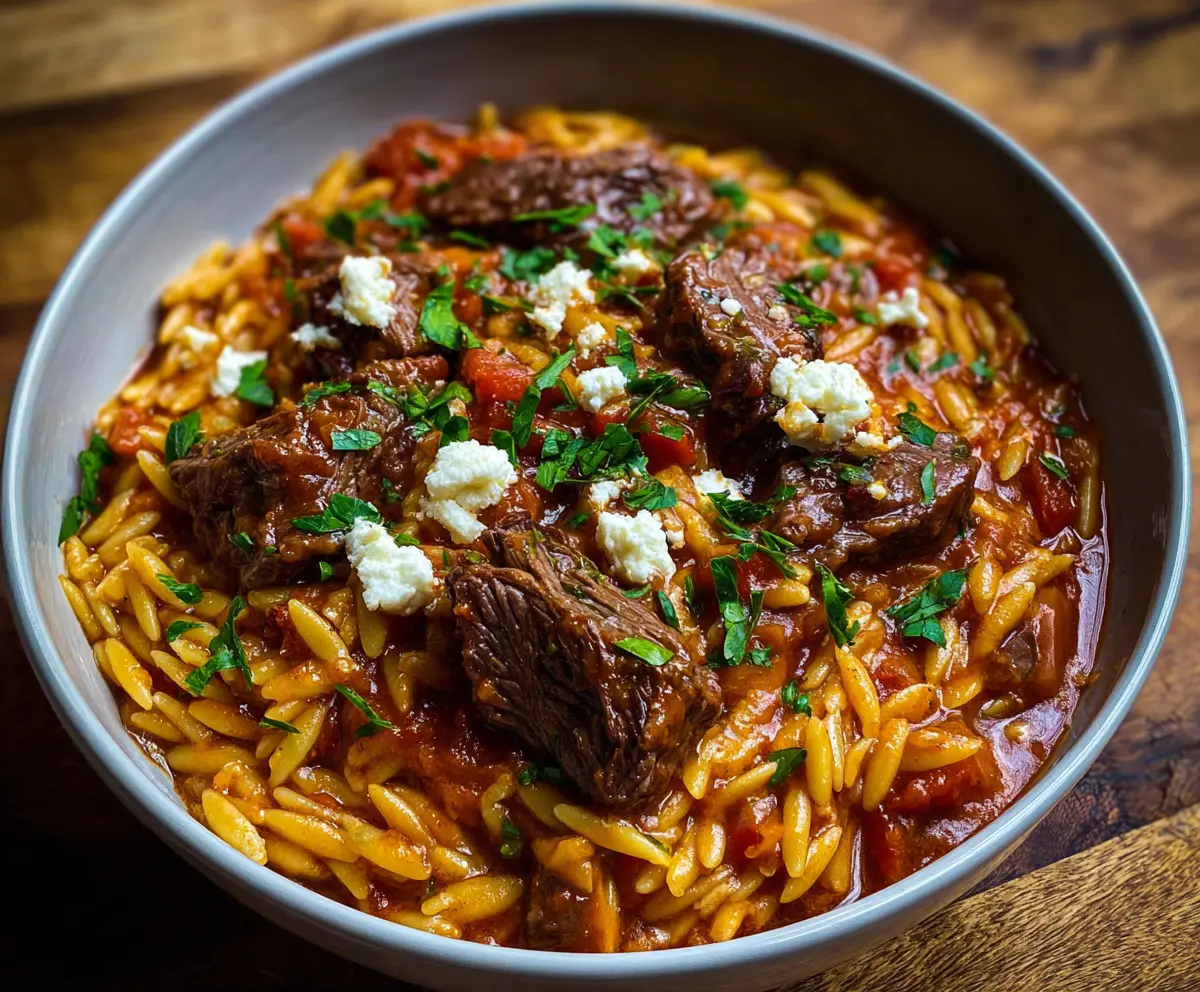 Delicious Beef Giouvetsi with Orzo in a Greek ceramic pot, garnished with fresh herbs.