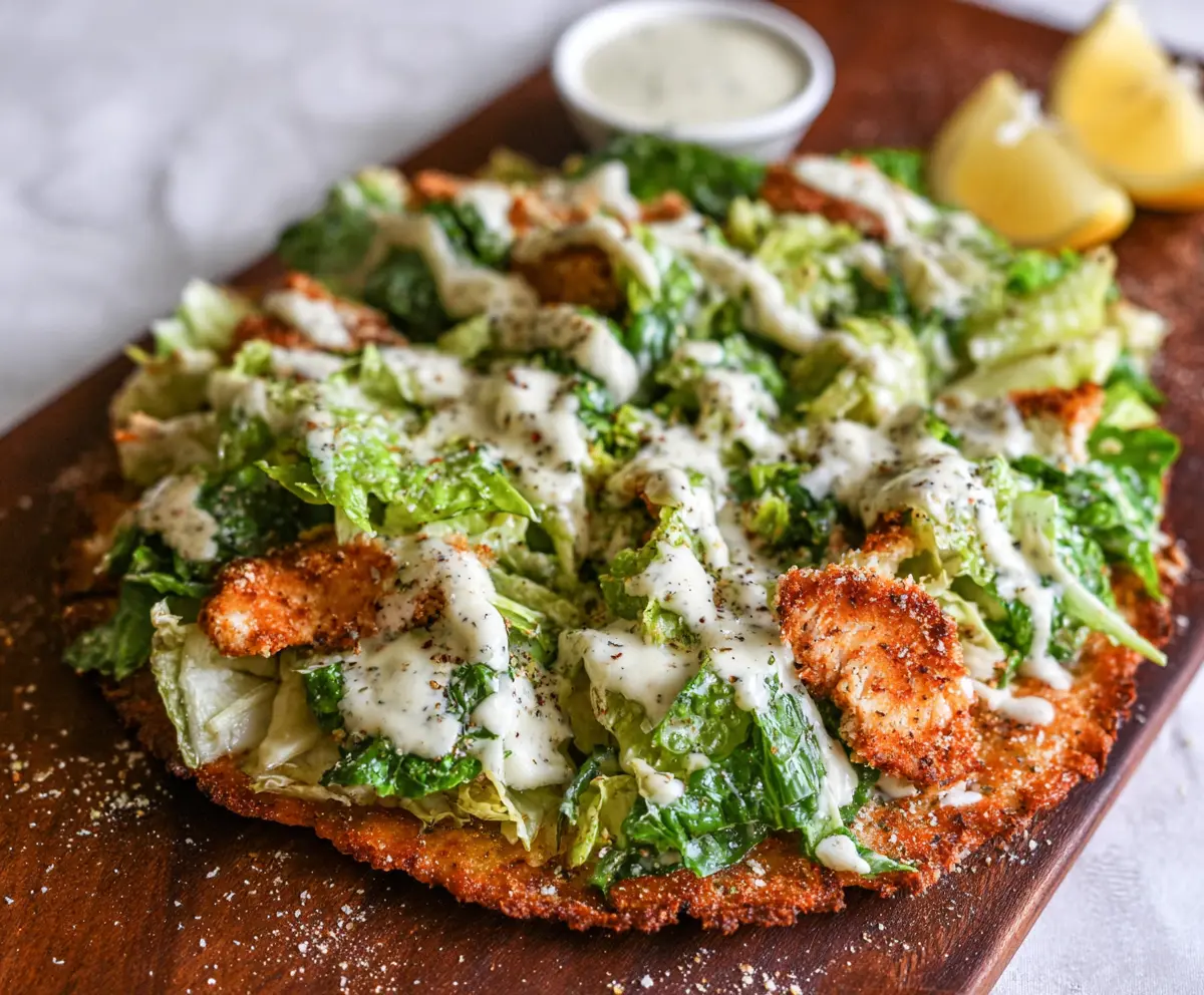 Delicious Chicken Crust Caesar Salad Pizza topped with fresh romaine and grated cheese.