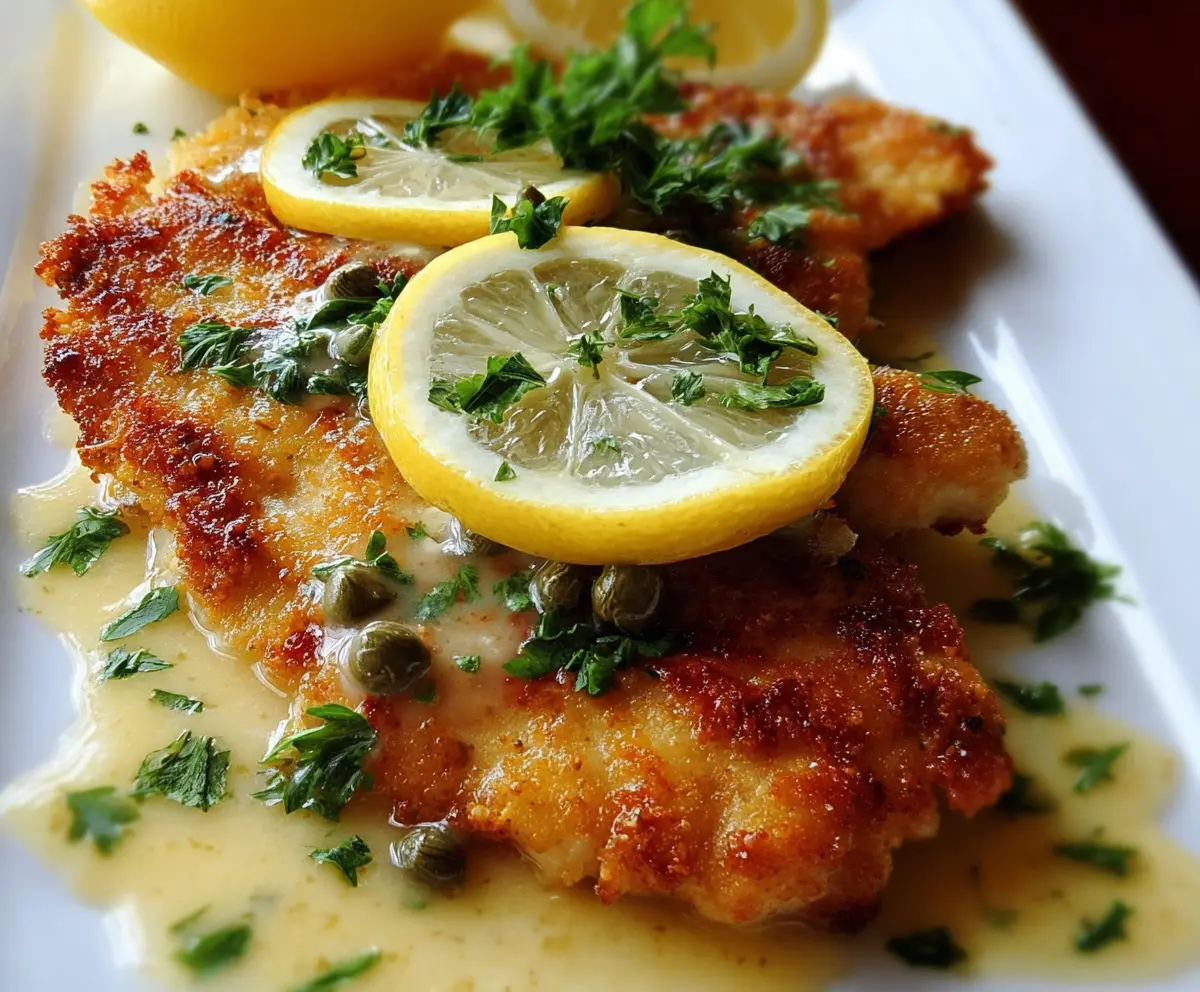 Savory Chicken Piccata served with lemon and capers on a white plate.