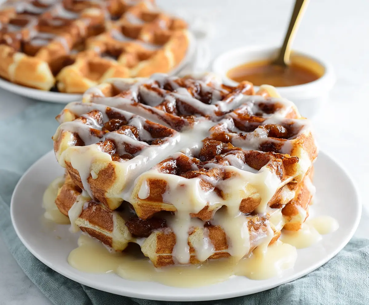 Delicious cinnamon roll waffles topped with icing and cinnamon for a sweet breakfast treat.