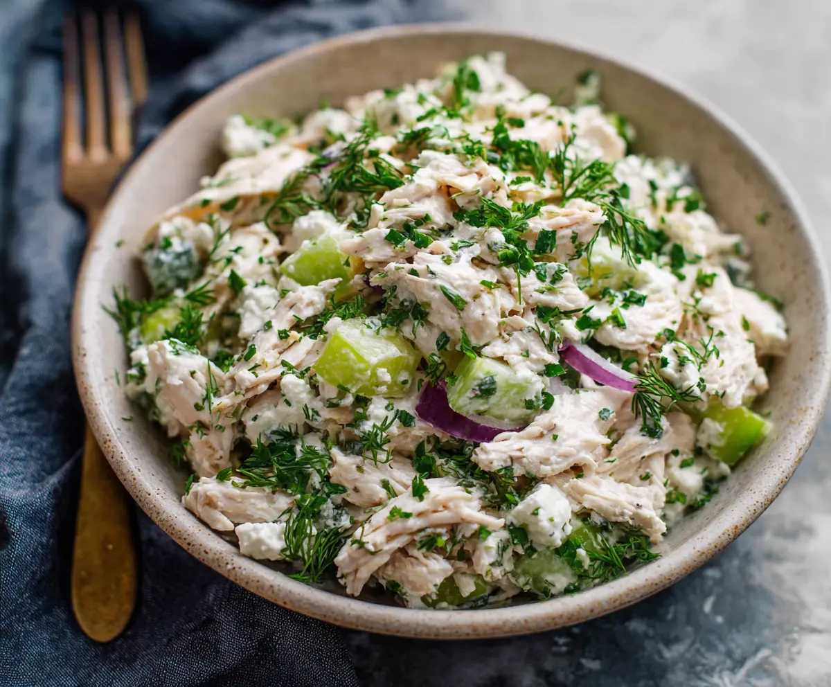 Fresh cottage cheese chicken salad served with herbs and vegetables, healthy and protein-rich meal.