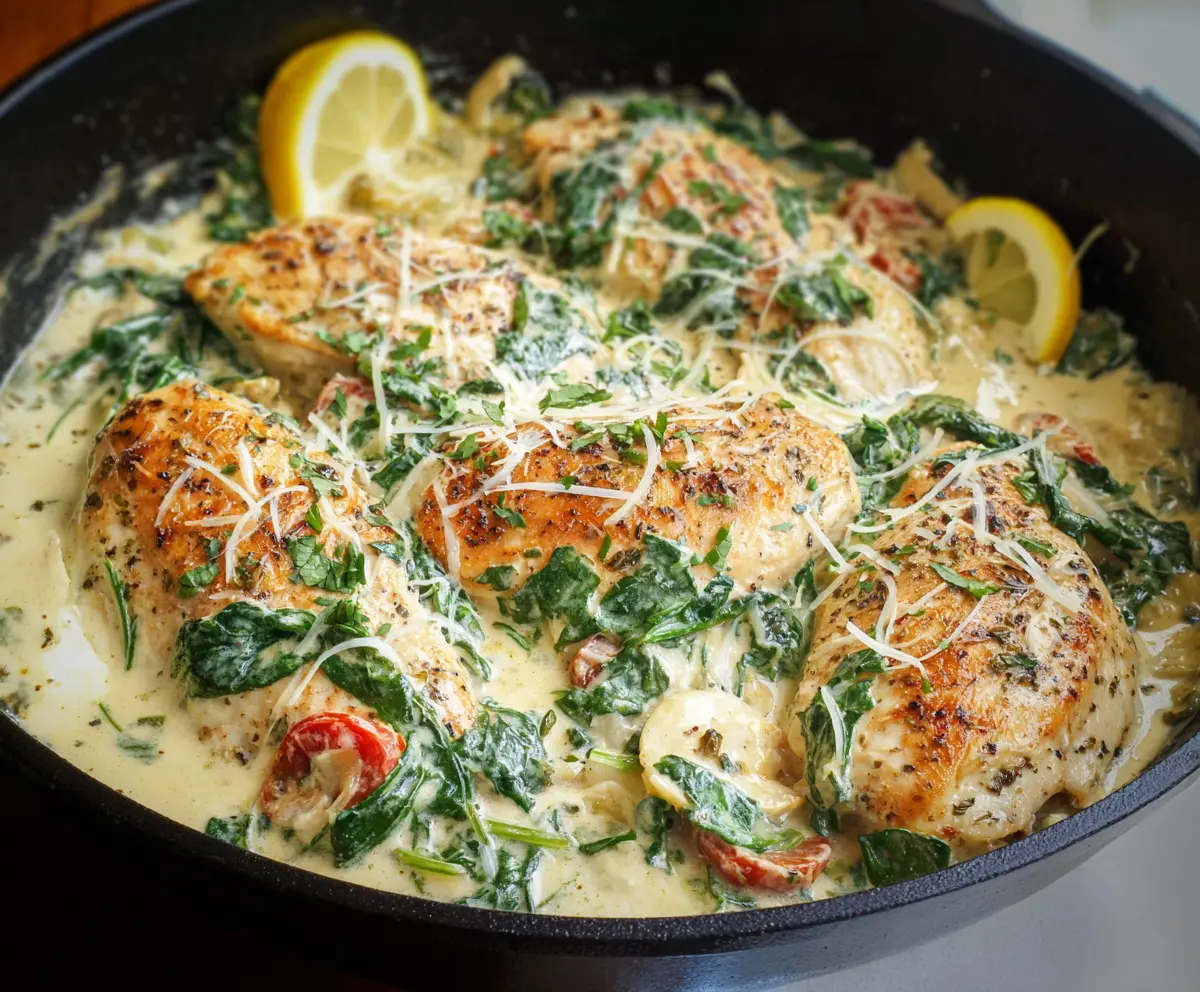 Creamy Mediterranean Chicken Skillet with fresh herbs and vegetables in a savory sauce.