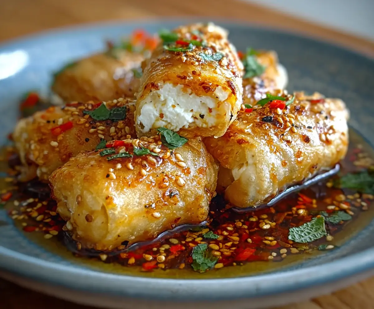 Crispy oven-fried feta rolls drizzled with chili honey on a white plate, garnished with fresh herbs.