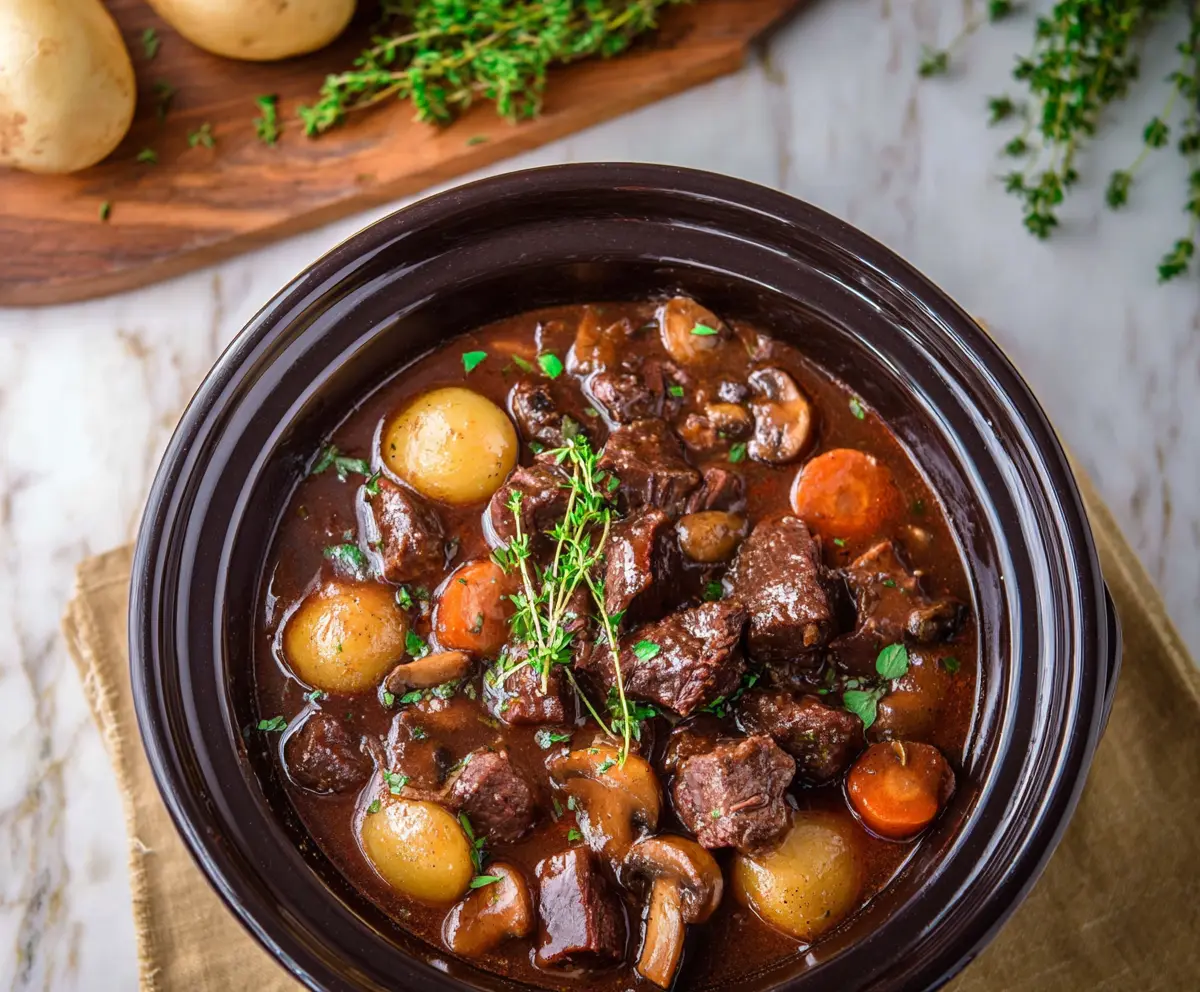Delicious Crockpot Beef Bourguignon featuring tender beef, rich red wine sauce, and fresh vegetables in a slow cooker.