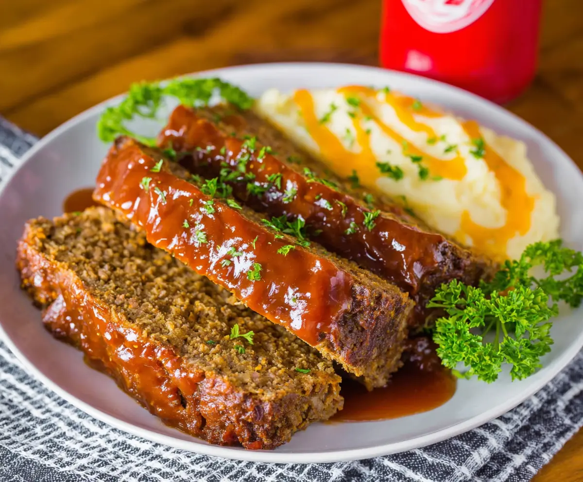 Delicious Crockpot Dr. Pepper Meatloaf served on a plate with vegetables