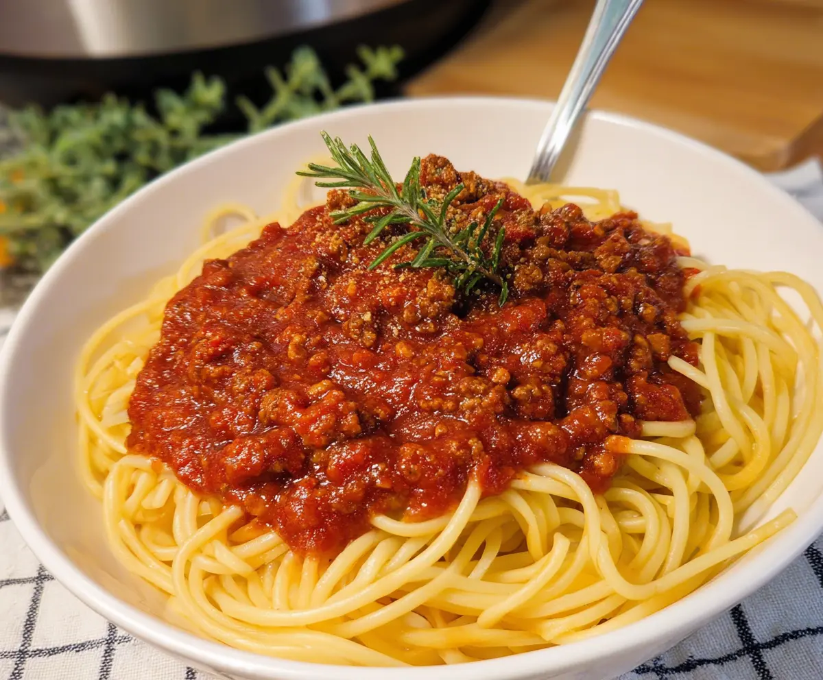 Delicious Crockpot Spaghetti Meat Sauce served in a bowl ready to enjoy.