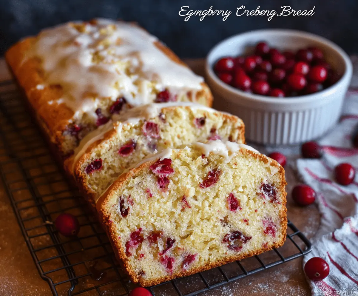 Delicious Eggnog Cranberry Bread loaf garnished with fresh cranberries and a dusting of powdered sugar.