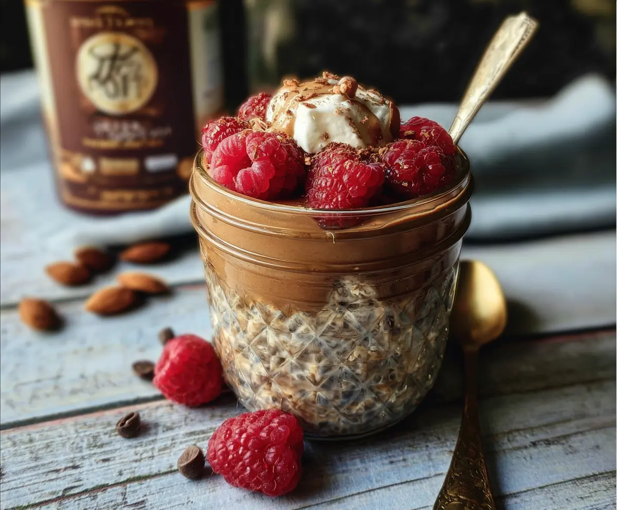 Creamy Faux Joe Coffee Overnight Oats topped with coffee beans and a sprinkle of cocoa powder.