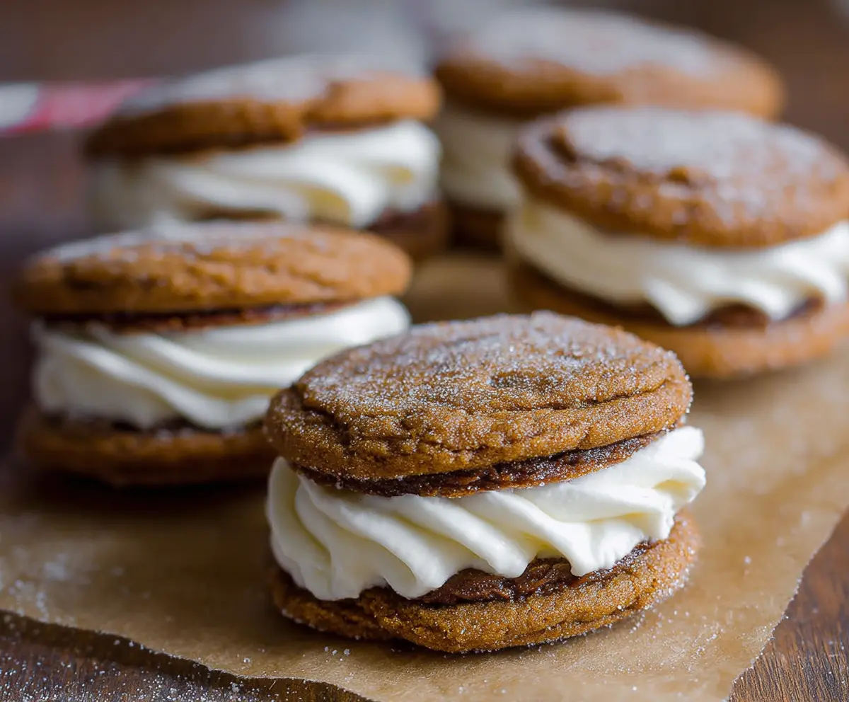 Delicious ginger molasses sandwich cookies with creamy buttercream frosting on a decorative plate.