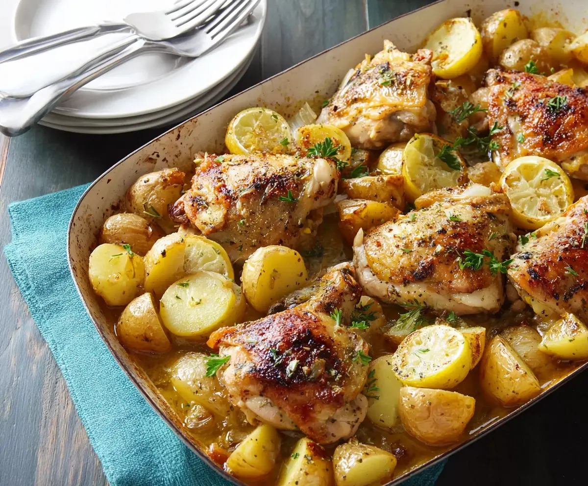 Delicious Greek Lemon Chicken with Roasted Potatoes served on a plate