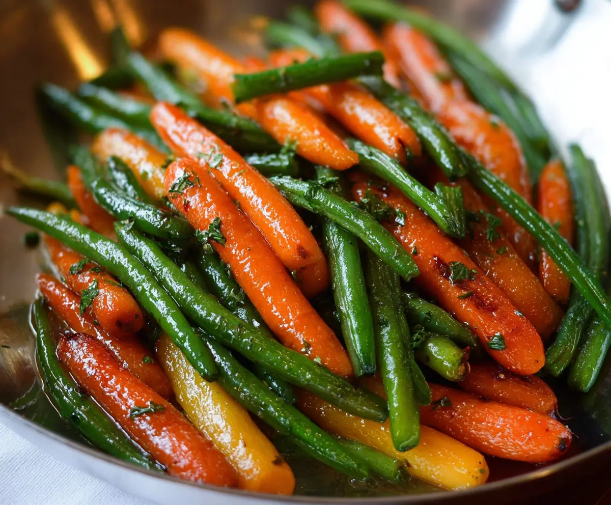 Delicious honey glazed carrots and green beans on a plate, perfect for a healthy side dish.