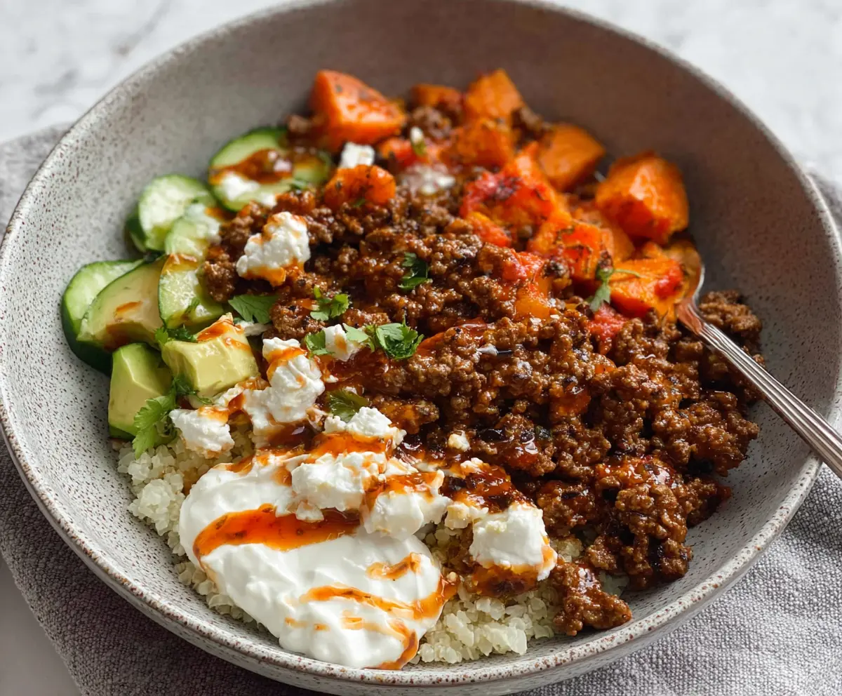 Delicious hot honey ground beef bowls served with fresh vegetables and rice.