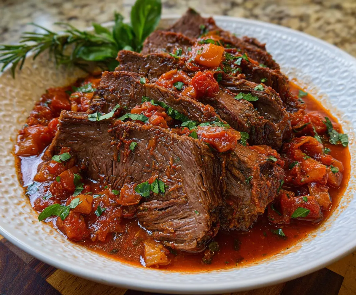 Delicious Italian Pot Roast (Straccato) served with tender meat and flavorful herbs on a rustic plate.