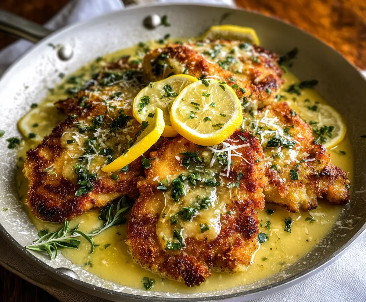 Delicious Lemon Chicken Romano served on a platter with fresh herbs and lemon wedges