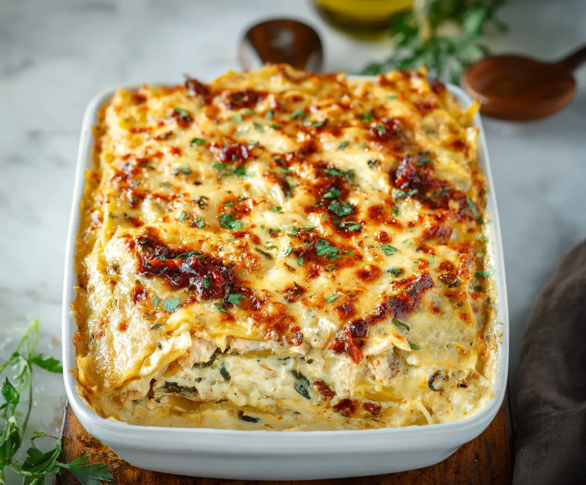 Delicious Marry Me Chicken Lasagna topped with melted cheese and fresh herbs on a white plate.