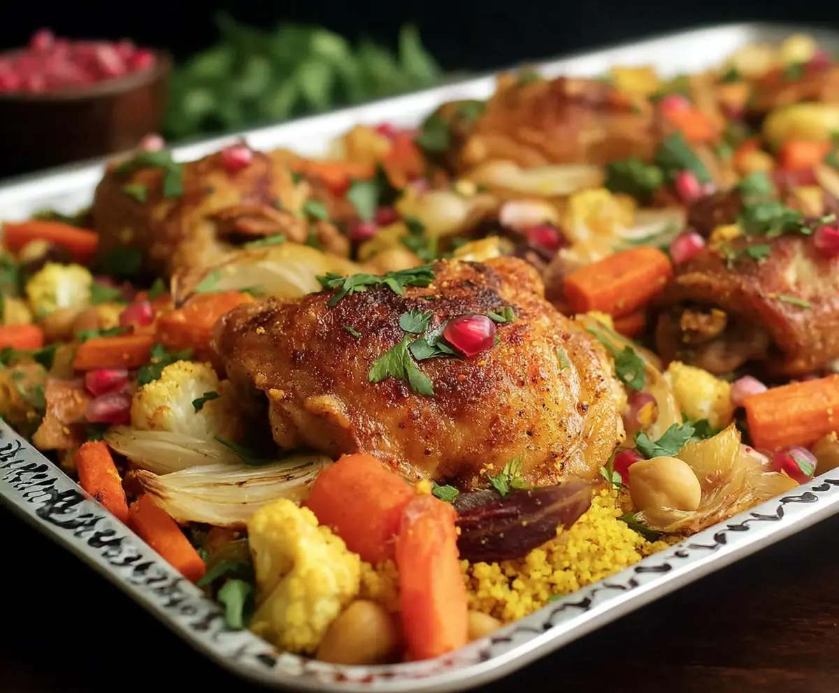 Delicious Moroccan chicken thigh sheet pan dinner with spices and vegetables