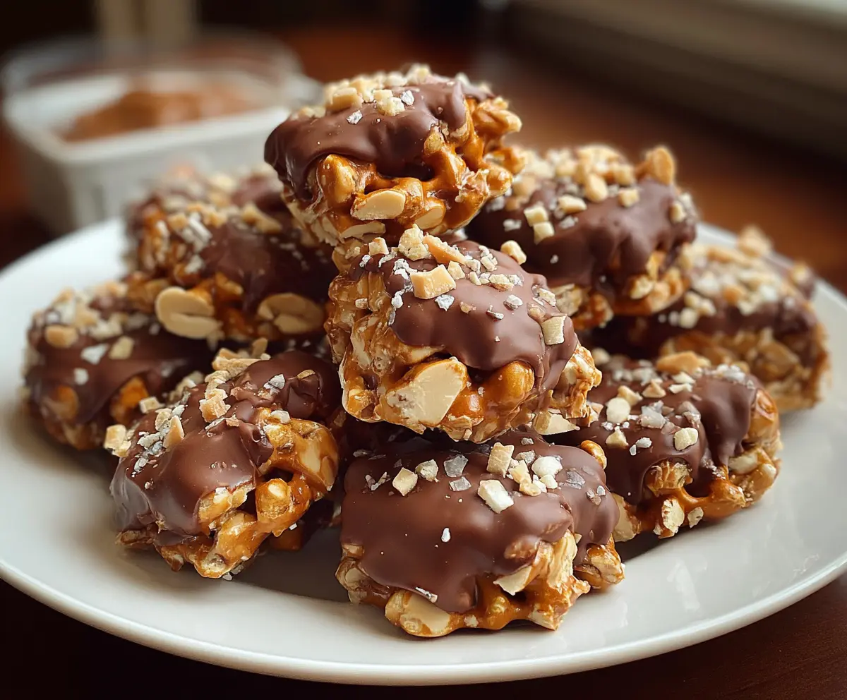 Delicious no-bake peanut butter pretzel clusters on a white plate with chocolate drizzles