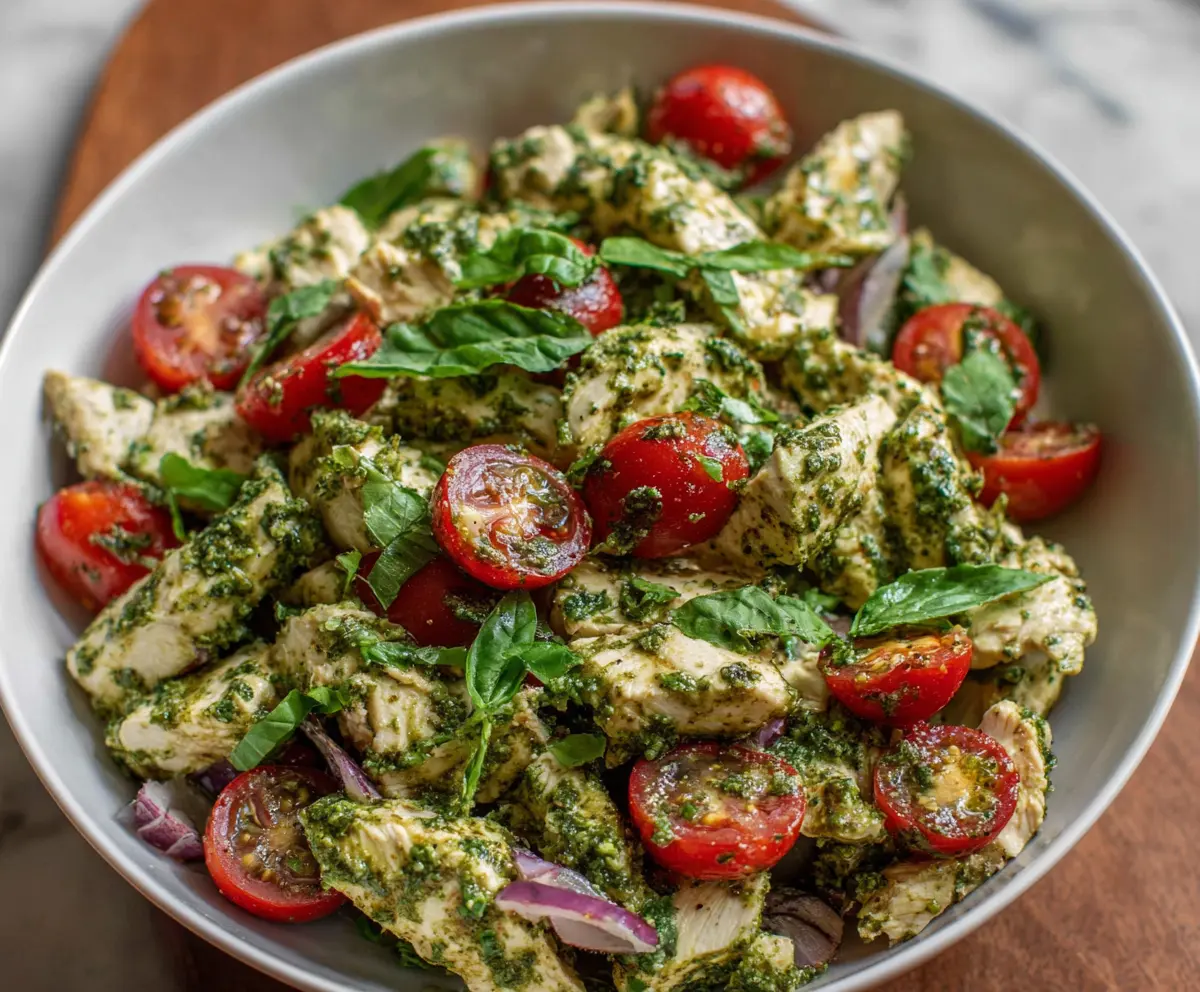 Delicious Pesto Chicken Salad with fresh greens and vibrant pesto dressing.