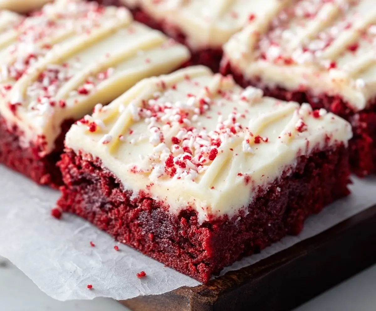 Delicious red velvet cookie bars with creamy cream cheese frosting on a white plate.