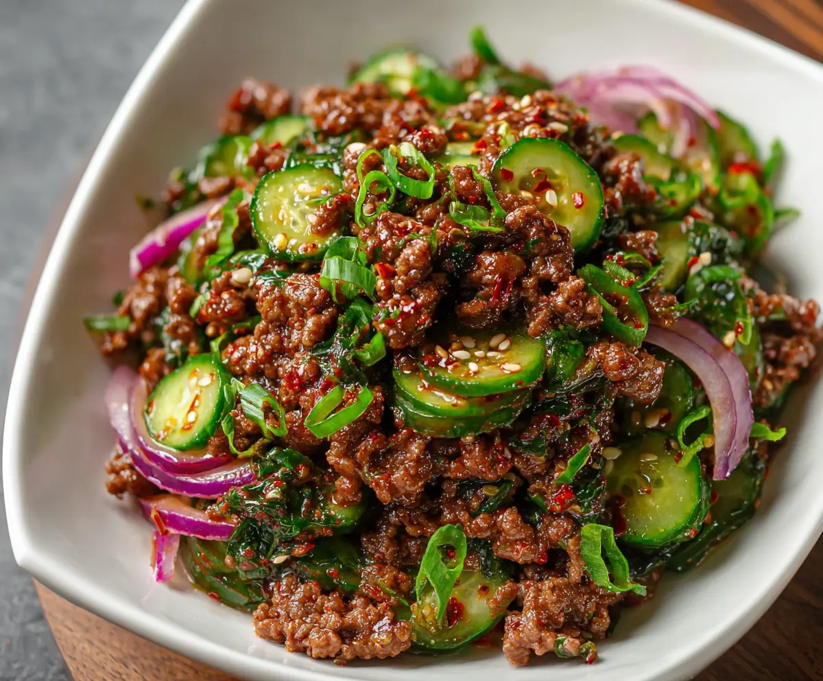 Delicious spicy keto Korean ground beef served with refreshing cucumber salad, perfect for low-carb diets.